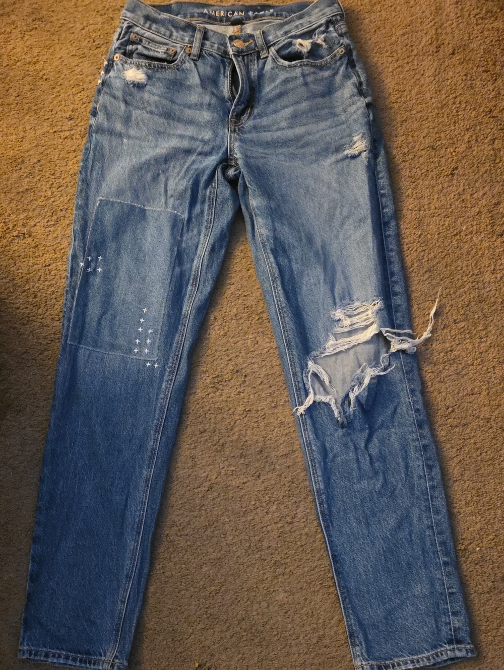American Eagle Outfitters Blue Patch & Distress Boyfriend Jeans, Women Size 0